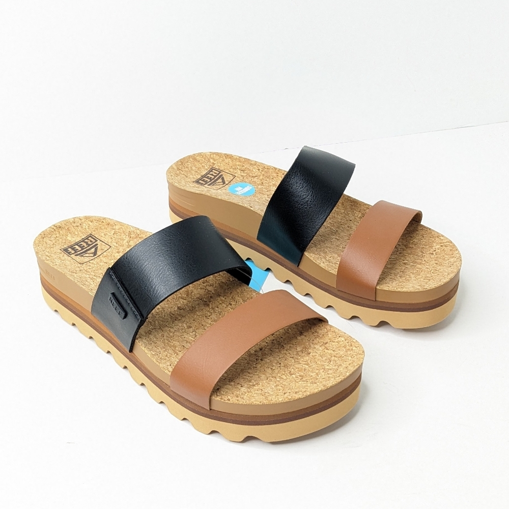 Reef Two-Tone Black and Brown Cork Platform Slide Sandals
